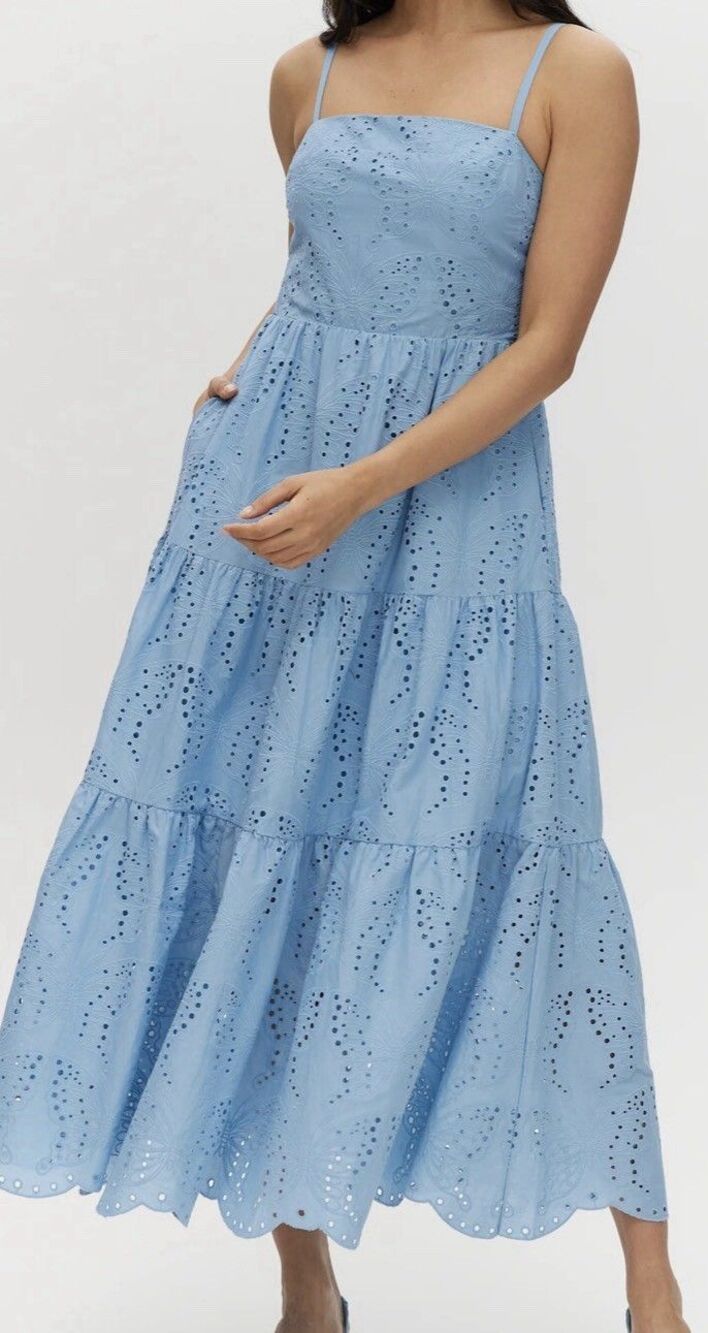 Calypso St Barth Cotton Eyelet Tiered Maxi Dress Smocked Soft Girl Boho Rio XS